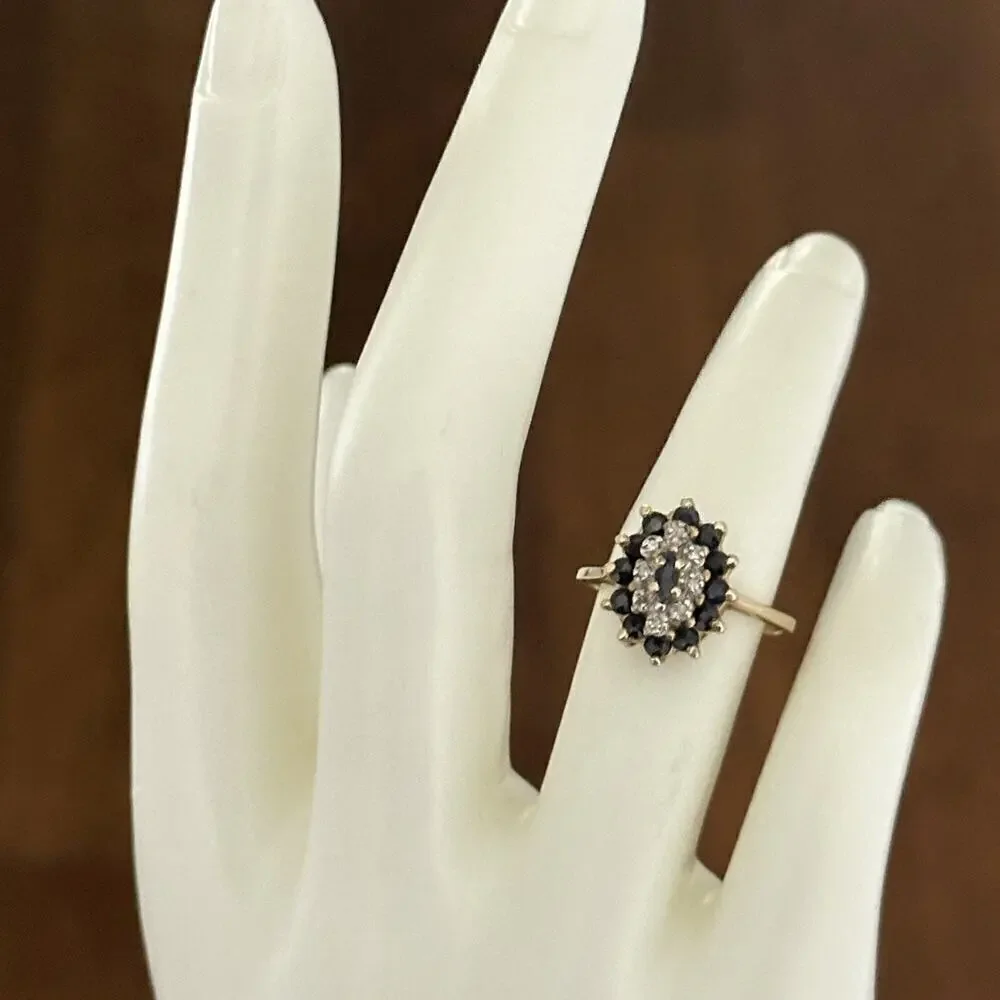 Vintage 10K Yellow Gold Sapphire & Diamond Halo Cluster Ladies Band Ring Size 6
